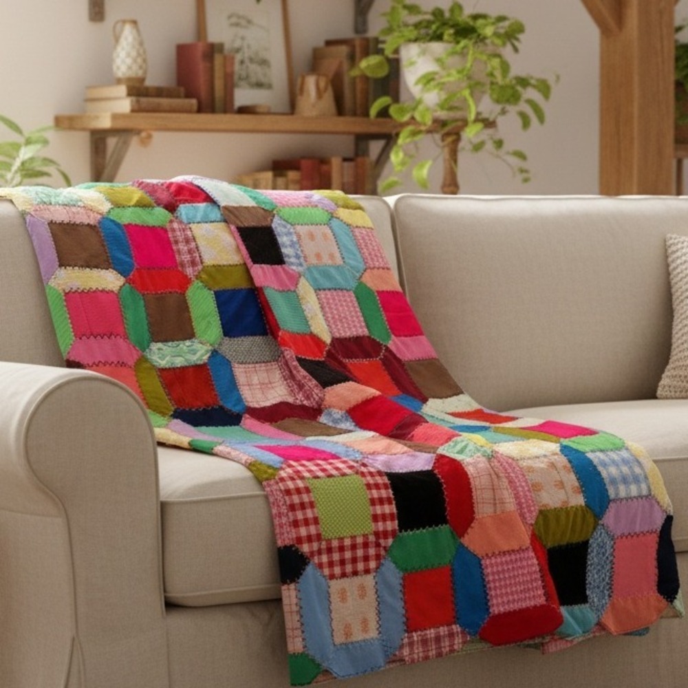 Vtg. Handmade Patchwork Quilt‎ Throw 62x85 Crazy Stitch Embroidery Boho Cottag
